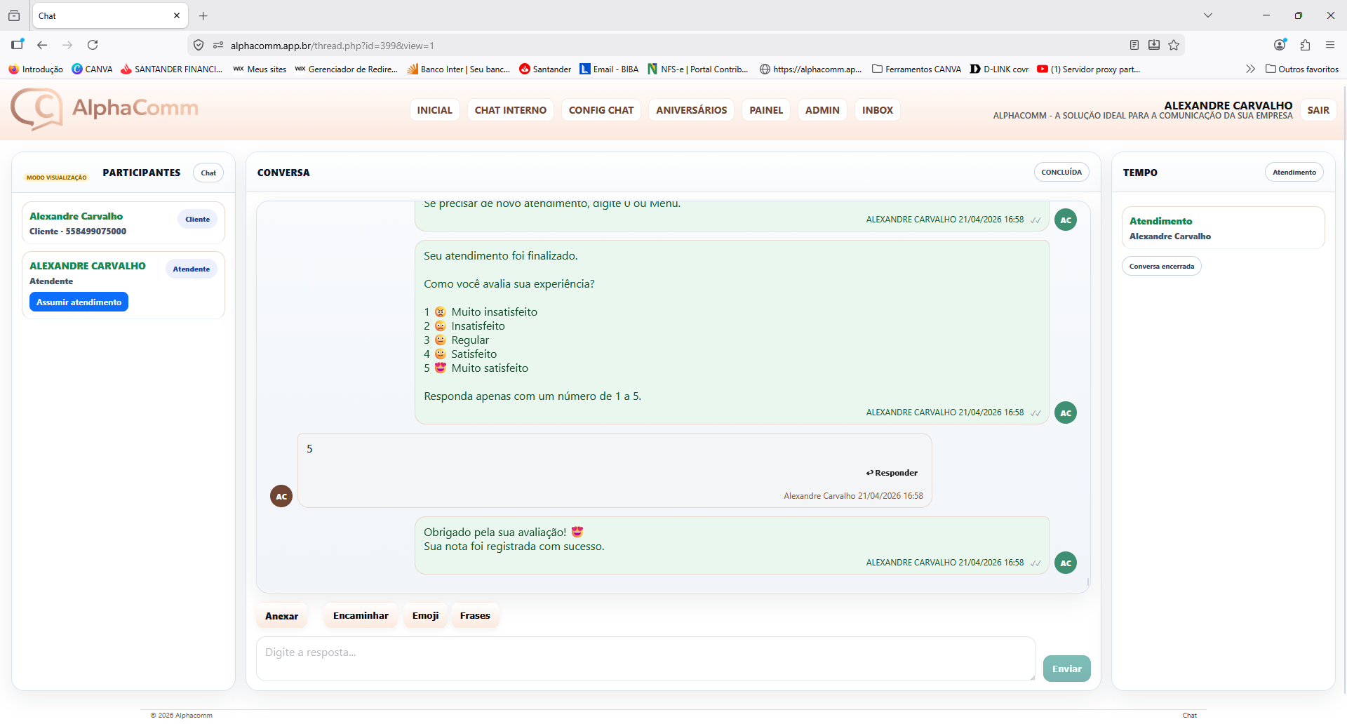 Tela principal de atendimento do AlphaComm